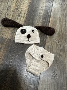 Handmade crochet baby picture prop Puppy Dog beanie hat and diaper cover tail